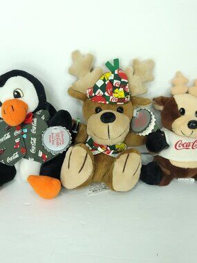 Lot of 3 Coca Cola Bean Bag Plush Reindeer Penguin With T`ags